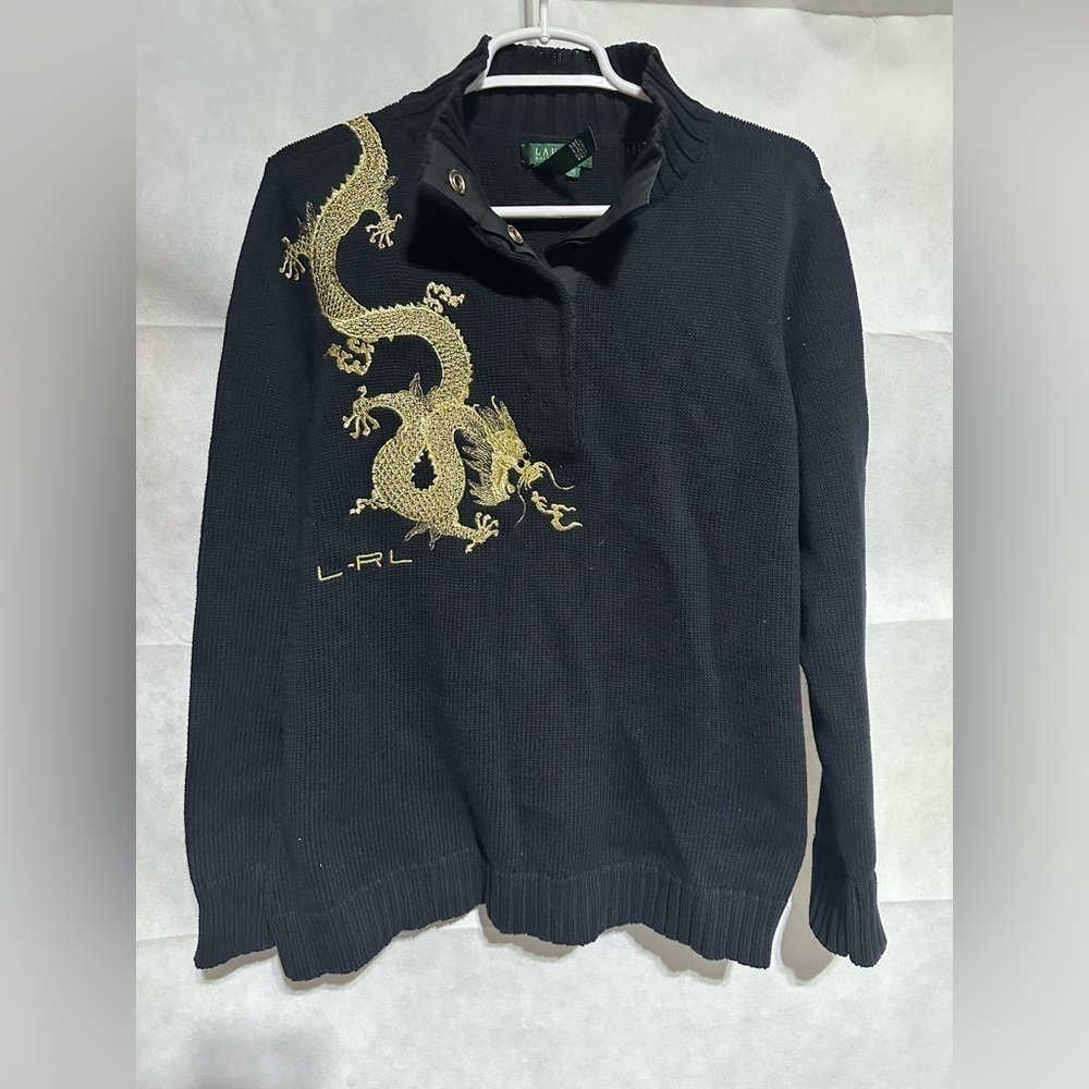 VTG Lauren Ralph Lauren Womens 1X Black Gold Metallic Embroidered Dragon Sweater